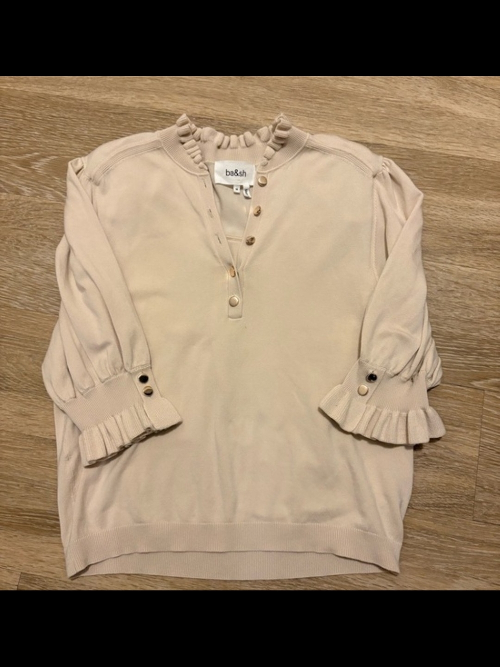 ba&sh Cream Ruffle Cuff Henley Top - Picture 4 of 9